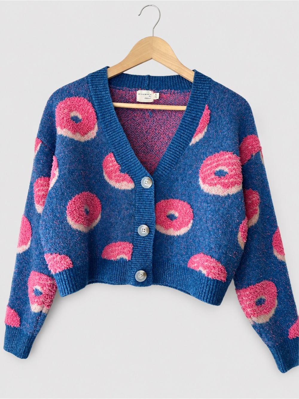 Blue & Pink Donut Pattern Cropped Cardigan Sweater